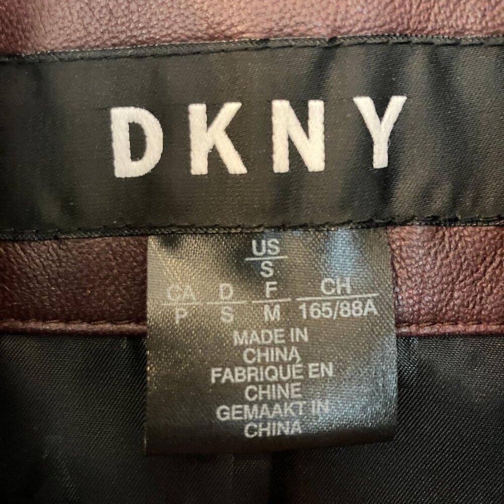DKNY Womens Ruffle-Front Lambskin Bordeaux Leather Jacket Small Brown FA EXC - Picture 6 of 12